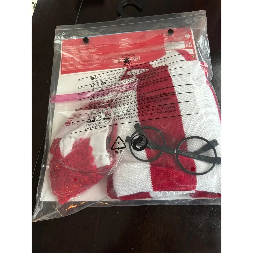 Rubies Wheres Waldo Child Costume Medium 8-10 Red WhiteStriped Sweater Hat Glass